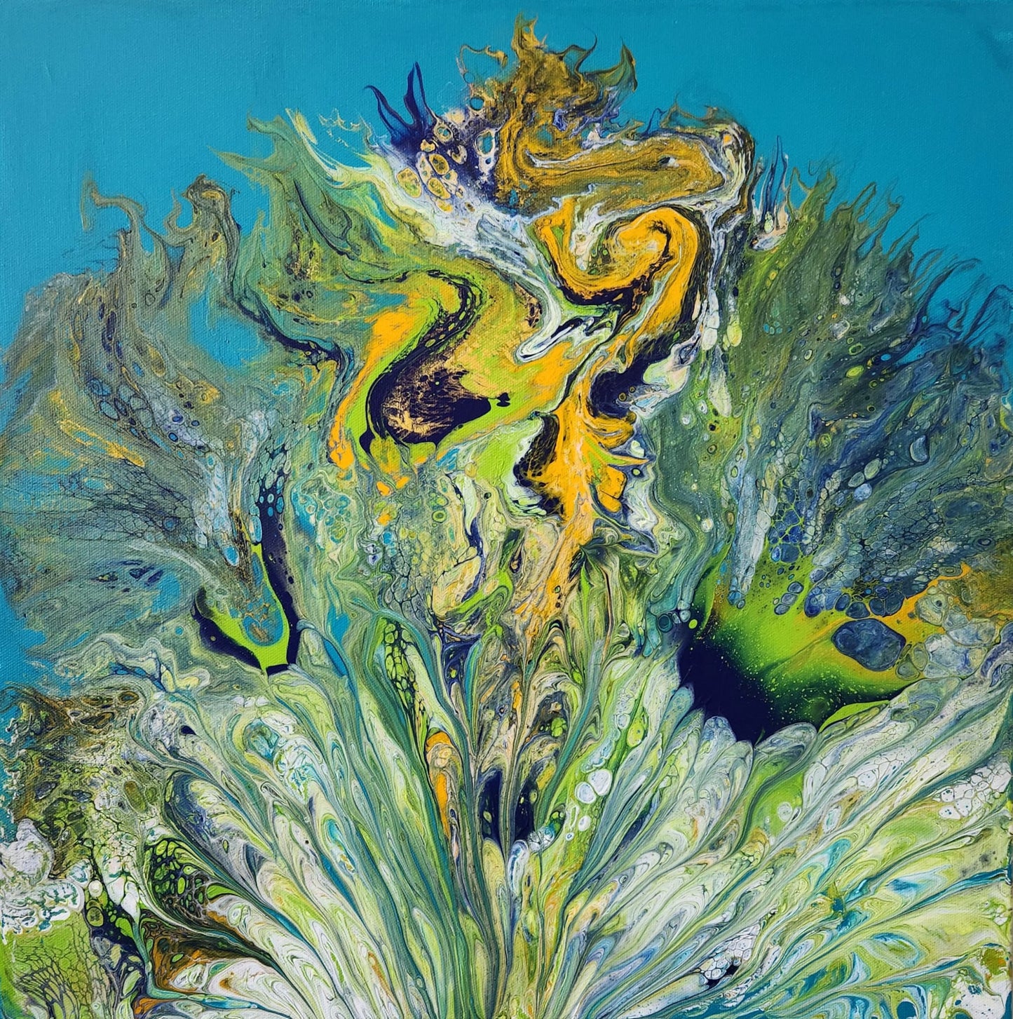 Poseidon's Peacock - 20 x 20" Original | Mythical Peacock Fluid Art
