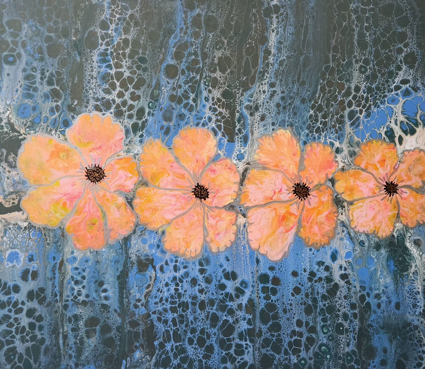 Riverside Blooms - 20 x 24" Original | Golden Floral Fluid Art