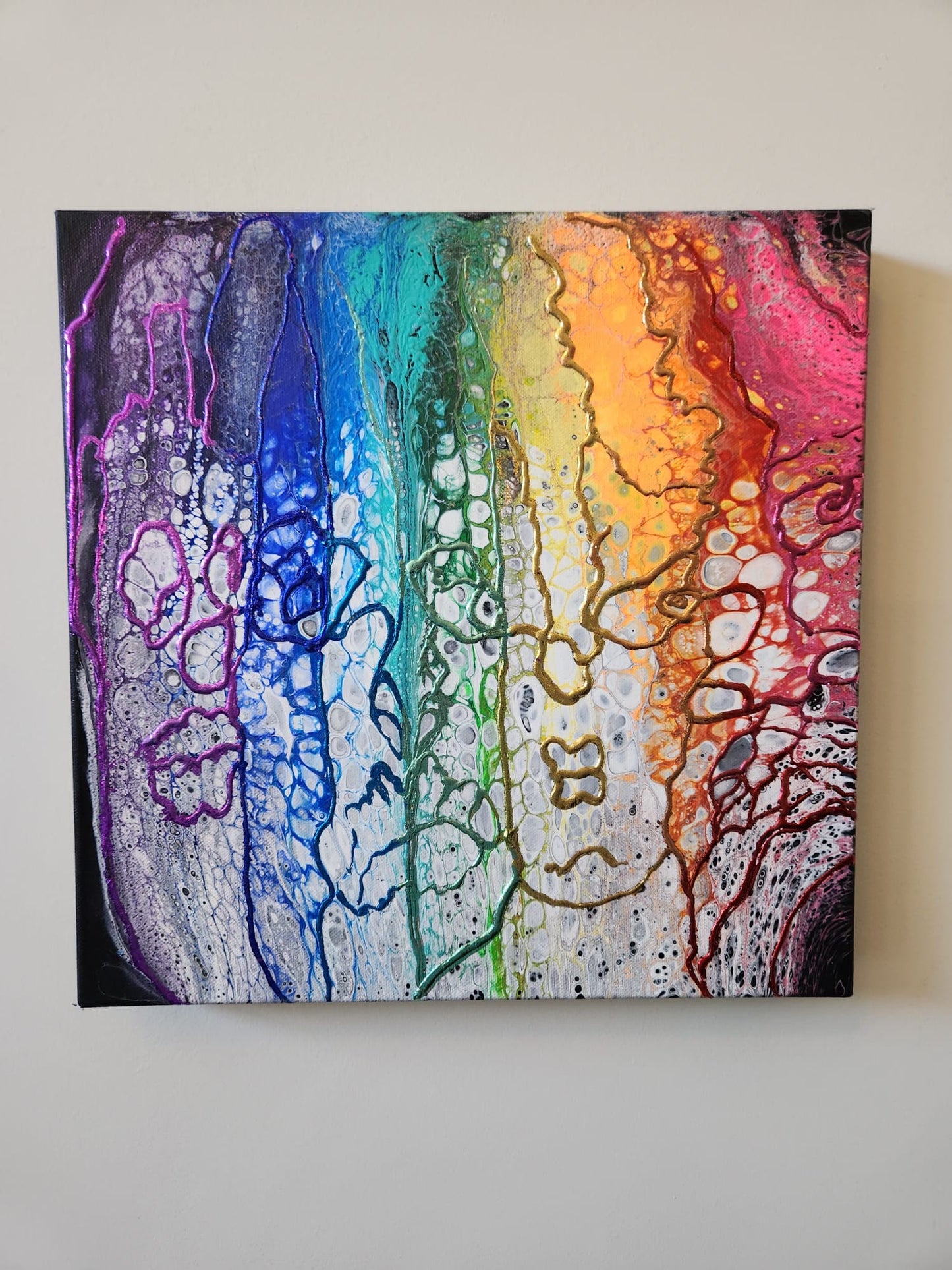 Hidden Faces of the Rainbow - 14 x 14" Original | Multi-coloured Metallic Gold Leaf Art