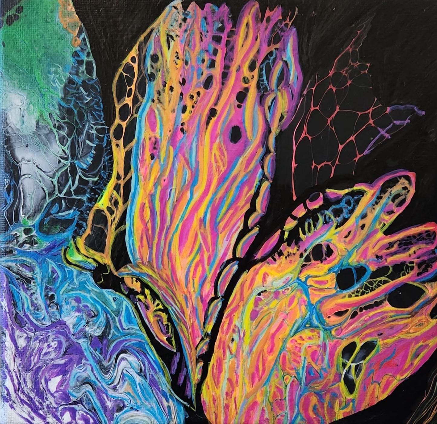 The Sea Turtle and The Rainbow Butterfly - 8 x 8" Original | Whimsical Fable Fluid Art