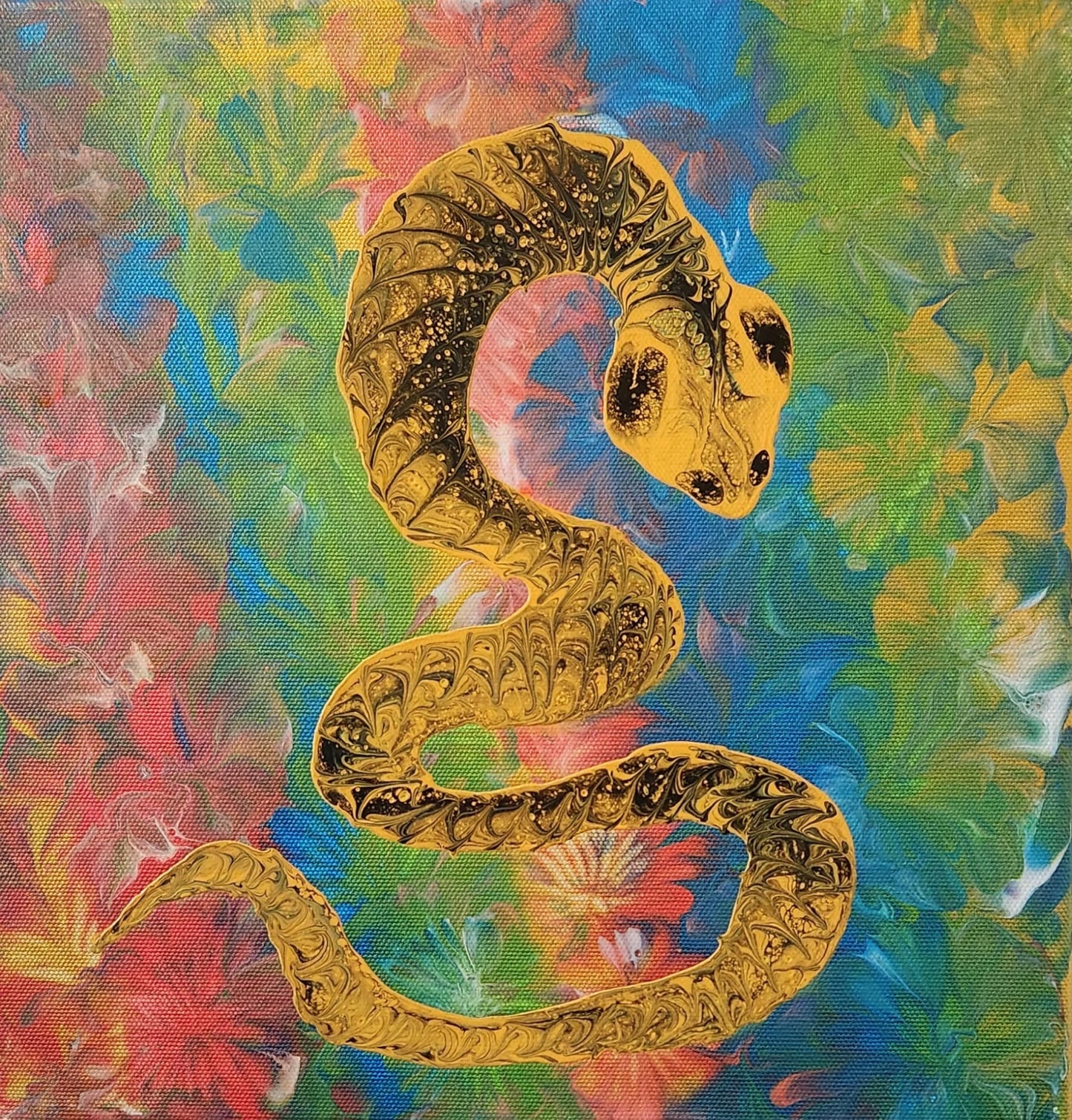 The Wood Snake - 12 x 12" Original | Rainbow Metallic Snake Art