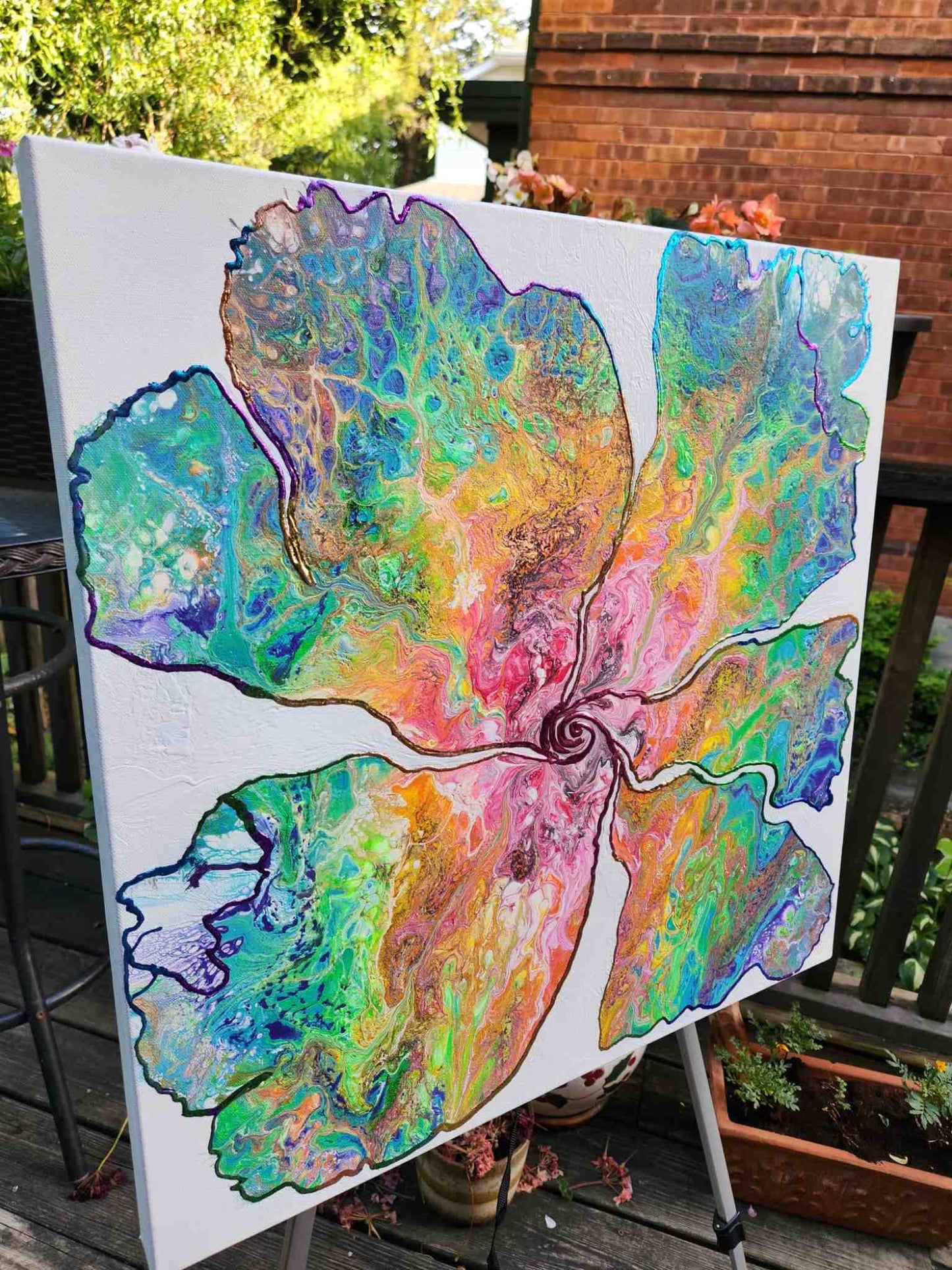 Don't Rain on my Parade – 24x24" Original | Rainbow Flower with Metallic Gold Leaf