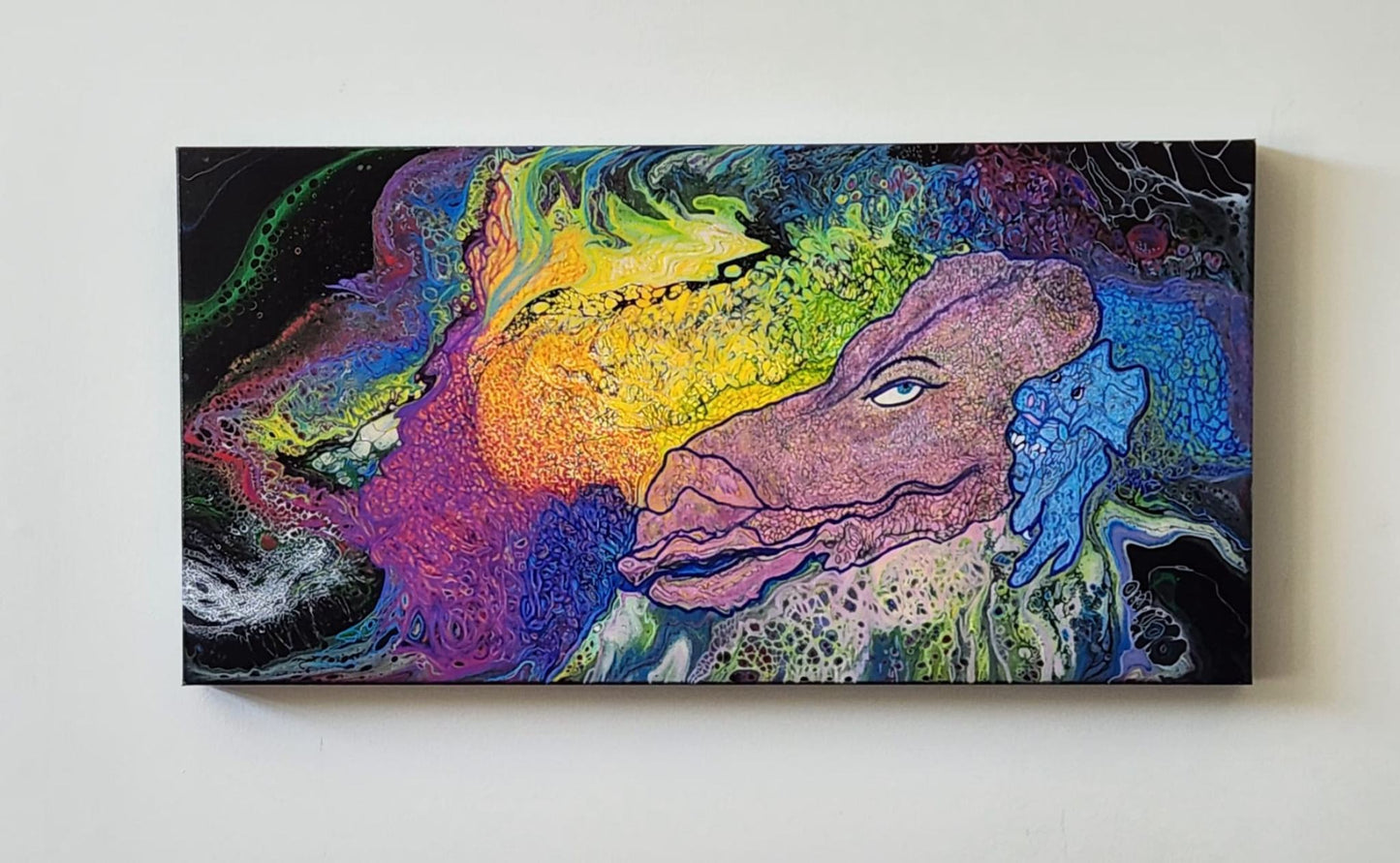 Under Mama's Watchful Eye - 15 x 30" Original | Rainbow Dragon Mother & Baby Fluid Art