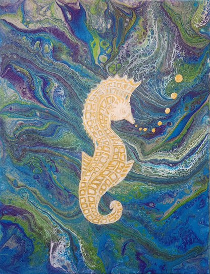 Enchanted Seahorse - 11 x 14" Original | Metallic Ocean Fluid Art