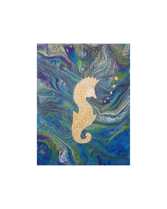 Enchanted Seahorse - 11 x 14" Original | Metallic Ocean Fluid Art