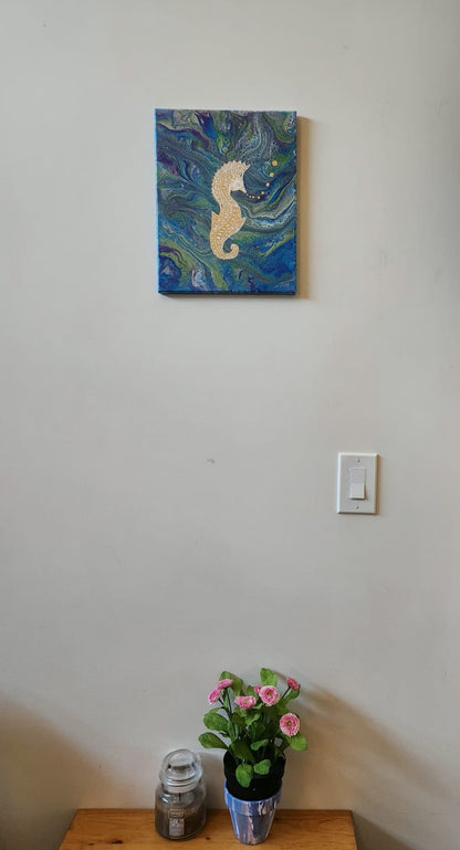 Enchanted Seahorse - 11 x 14" Original | Metallic Ocean Fluid Art