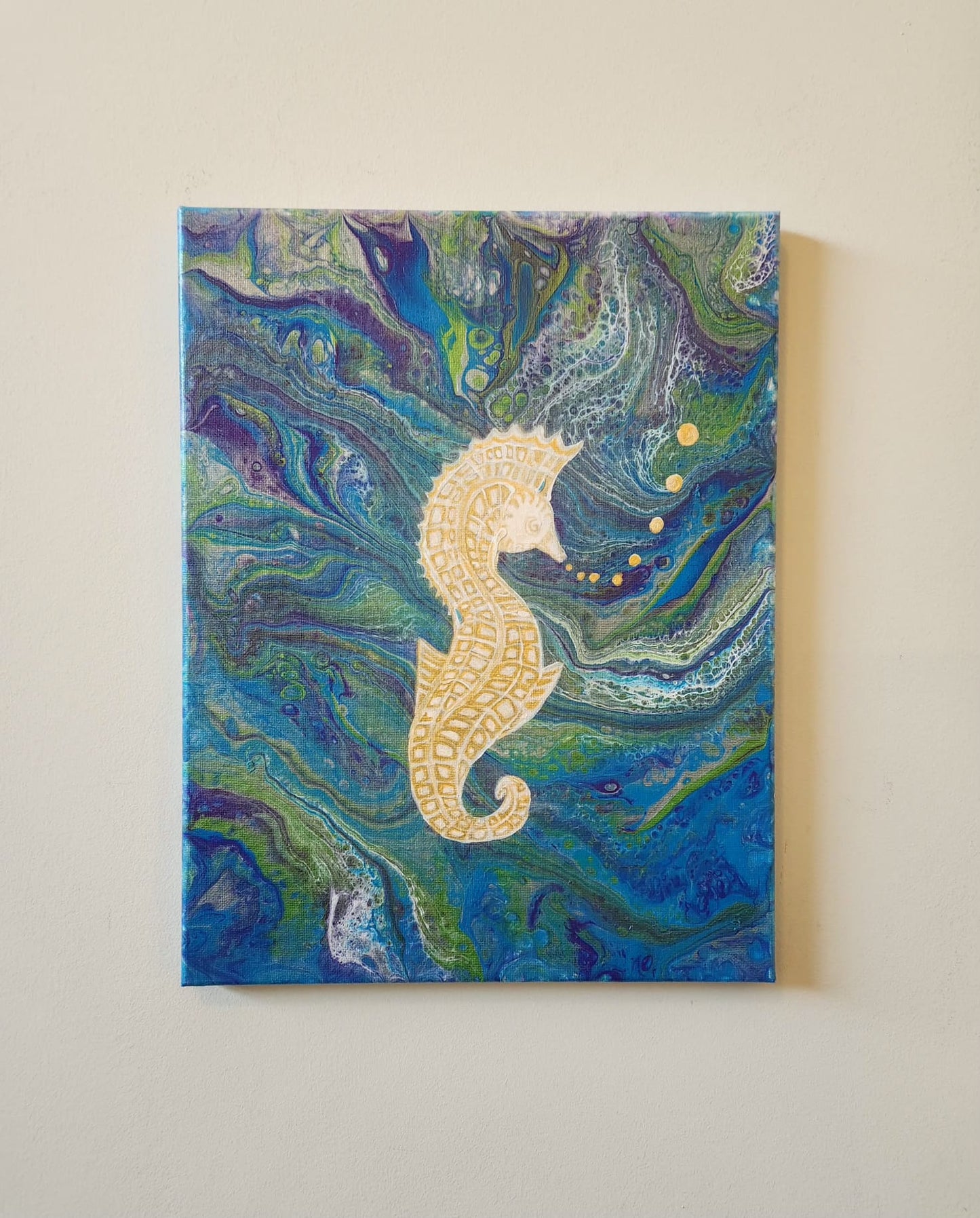 Enchanted Seahorse - 11 x 14" Original | Metallic Ocean Fluid Art