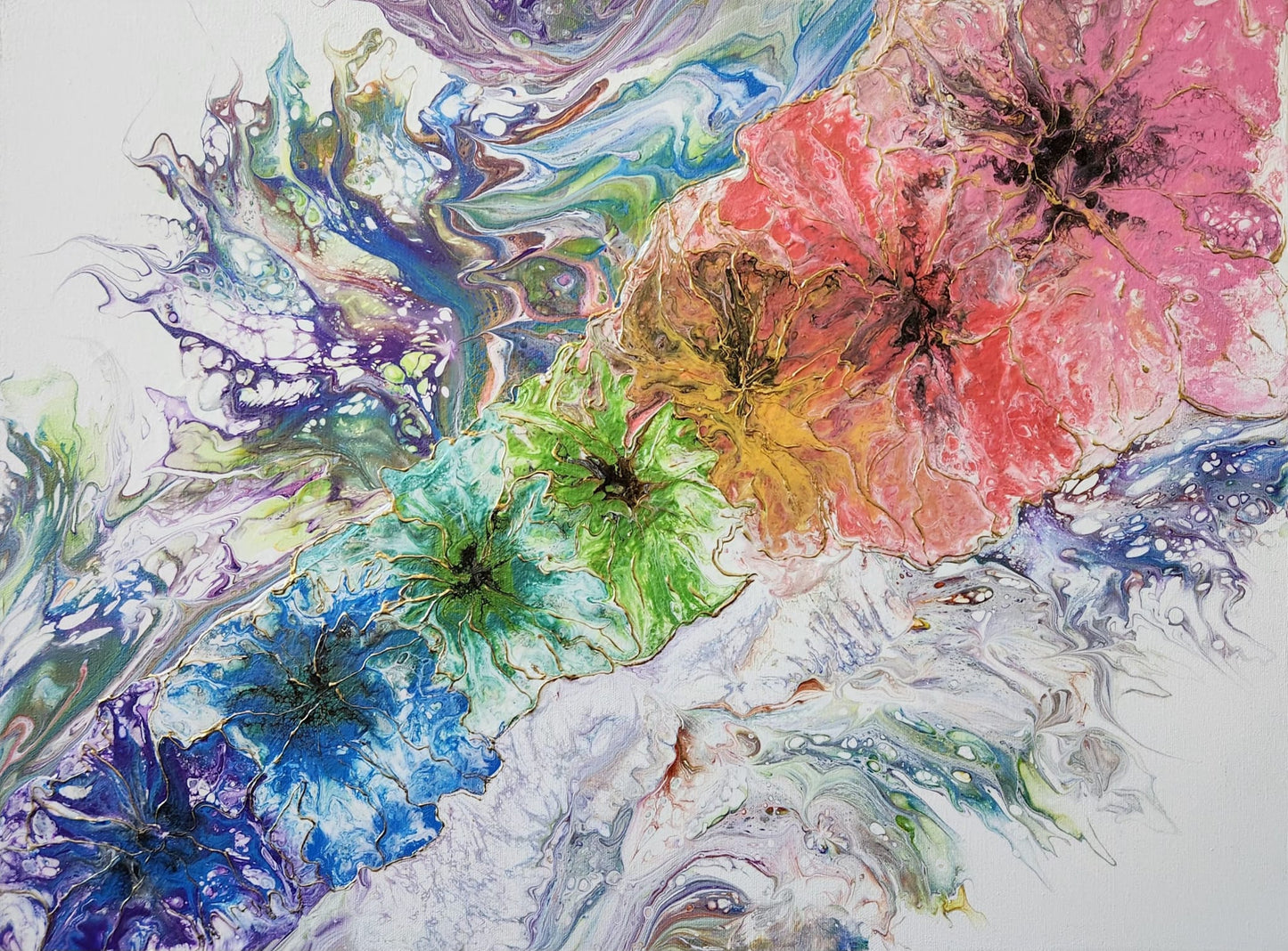 Floral Splash - 18 x 24" Original | Rainbow Flowers with Gold Leaf