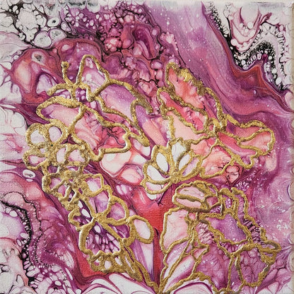 Fuchsia Gilded Garden - 8 x 8" Original | Metallic Gold Leaf Floral Art