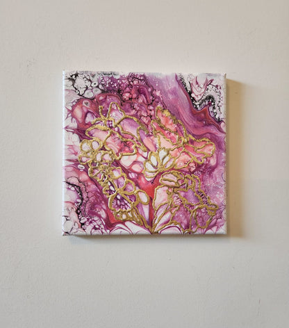 Fuchsia Gilded Garden - 8 x 8" Original | Metallic Gold Leaf Floral Art