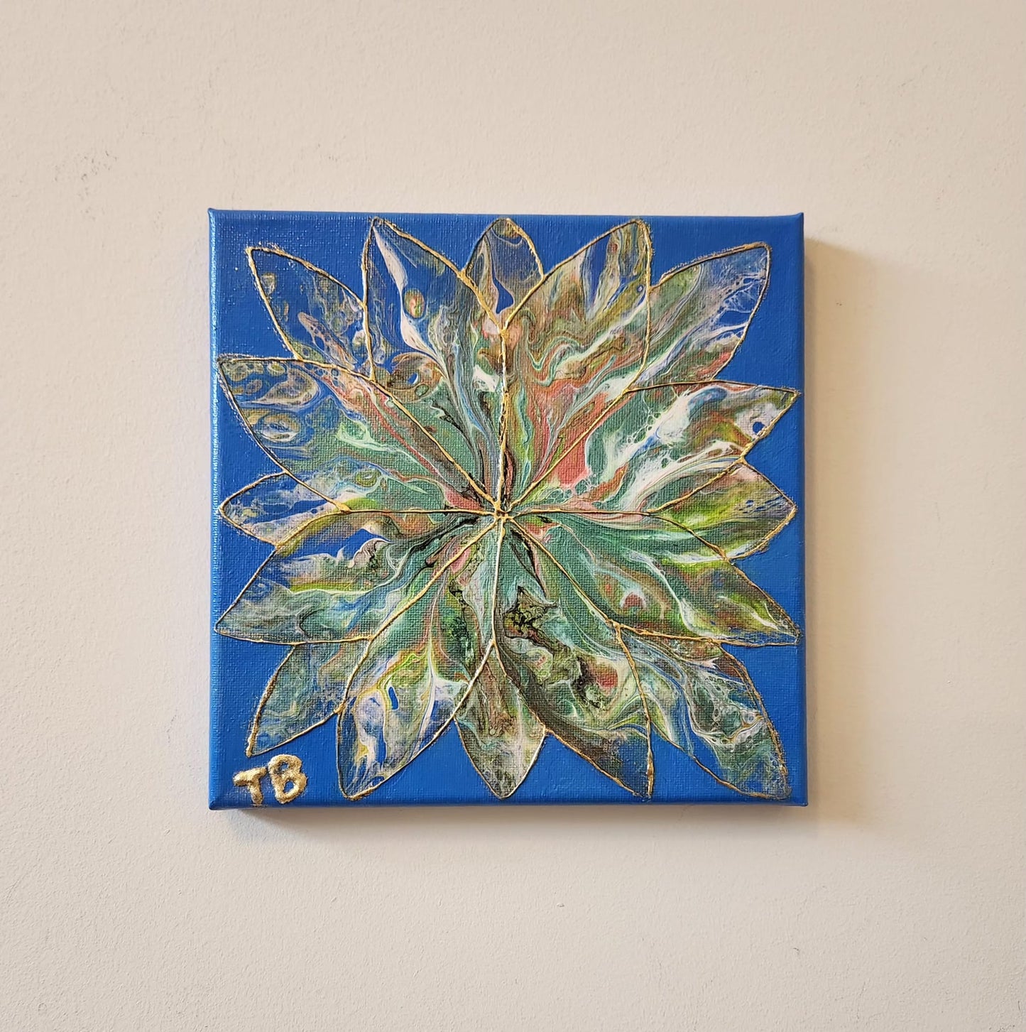 On Point - 8 x 8" Original | Golden Quilt-Inspired Fluid Art