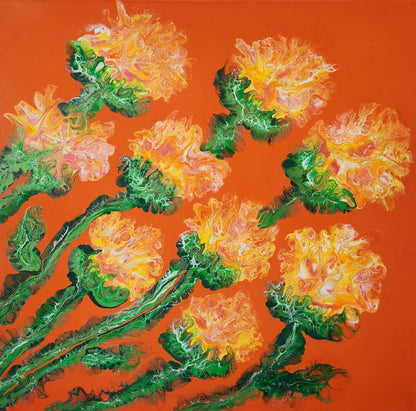 Orange Blossoms - 20 x 20" Original | Vibrant Floral Fluid Art
