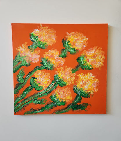 Orange Blossoms - 20 x 20" Original | Vibrant Floral Fluid Art
