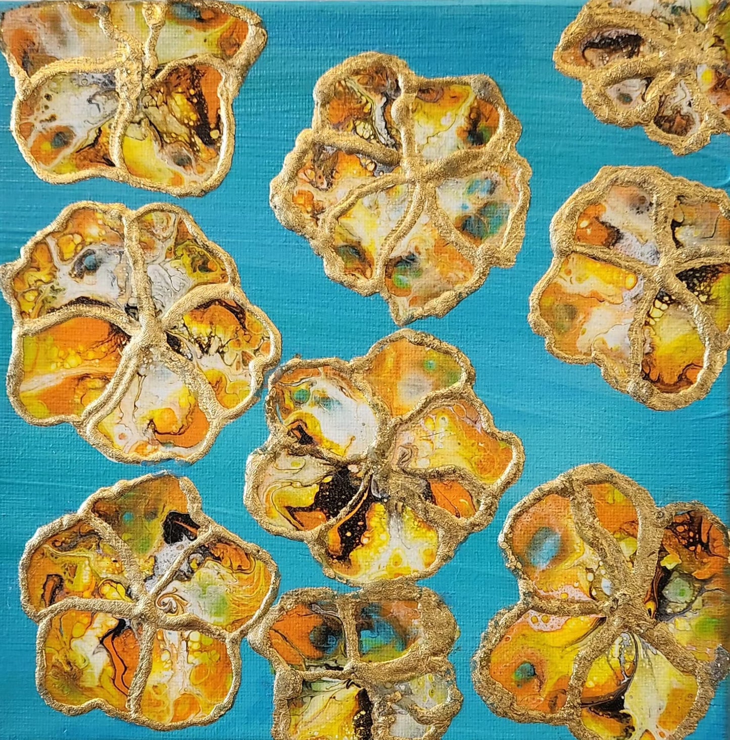 Orange Pansies - 8 x 8" Original | Metallic Gold Leaf Floral Art