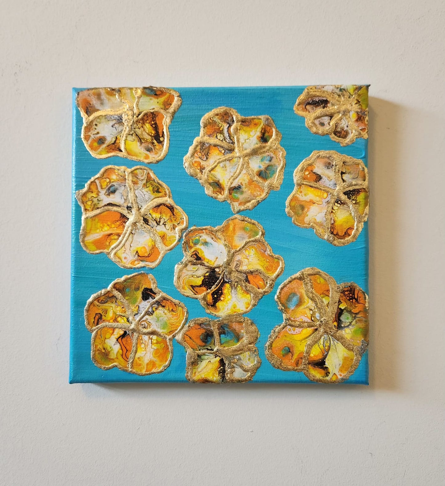 Orange Pansies - 8 x 8" Original | Metallic Gold Leaf Floral Art