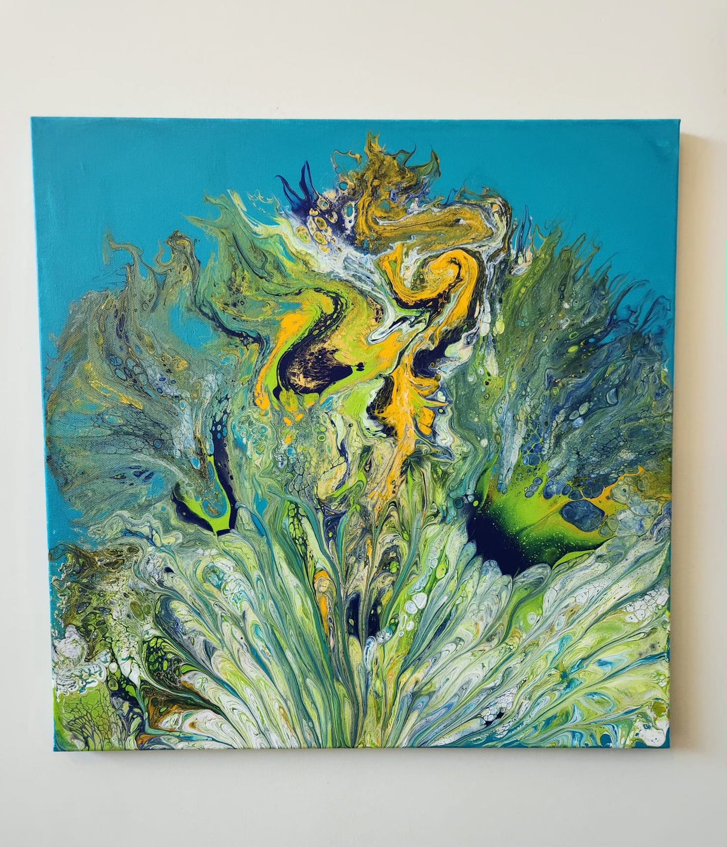 Poseidon's Peacock - 20 x 20" Original | Mythical Peacock Fluid Art