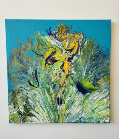 Poseidon's Peacock - 20 x 20" Original | Mythical Peacock Fluid Art