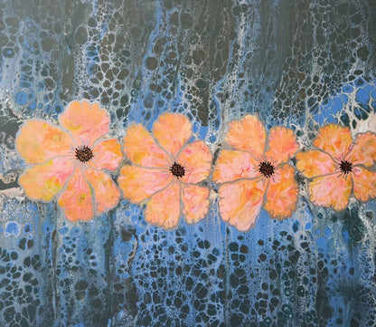 Riverside Blooms - 20 x 24" Original | Golden Floral Fluid Art