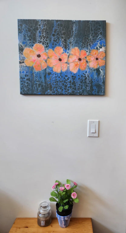 Riverside Blooms - 20 x 24" Original | Golden Floral Fluid Art