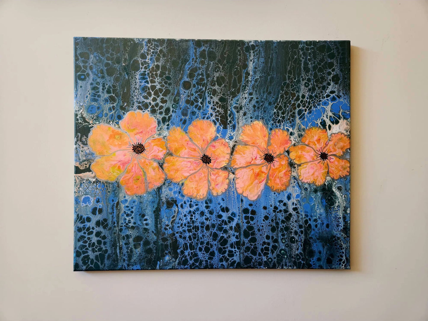 Riverside Blooms - 20 x 24" Original | Golden Floral Fluid Art