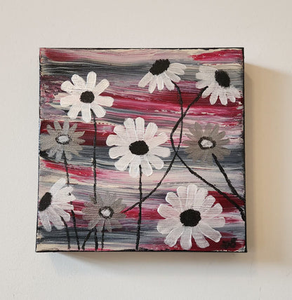 Silver Petal Daisies - 10 x 10" Original | Metallic Daisy Art