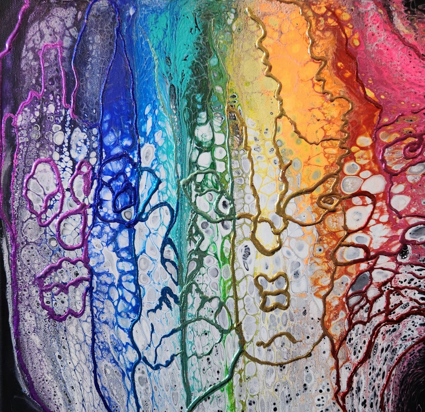 Hidden Faces of the Rainbow - 14 x 14" Original | Multi-coloured Metallic Gold Leaf Art