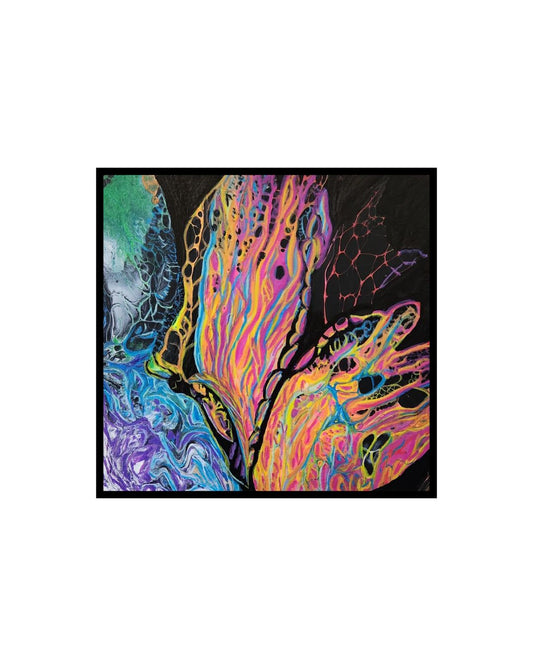 The Sea Turtle and The Rainbow Butterfly - 8 x 8" Original | Whimsical Fable Fluid Art
