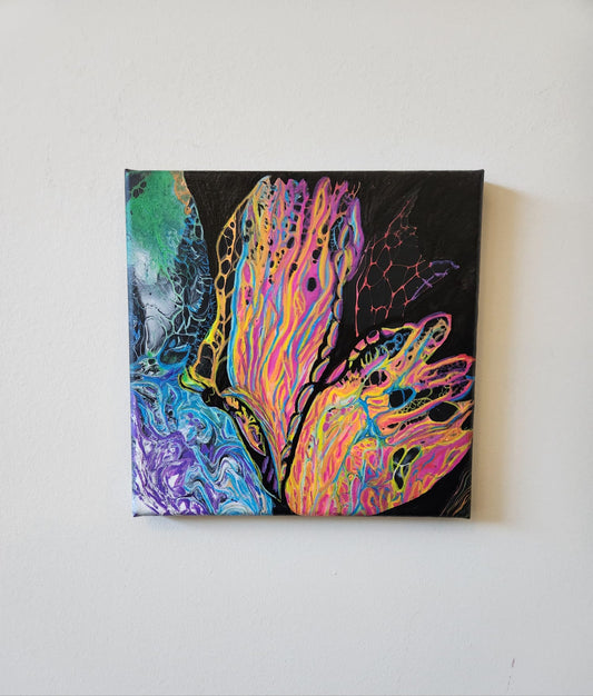 The Sea Turtle and The Rainbow Butterfly - 8 x 8" Original | Whimsical Fable Fluid Art