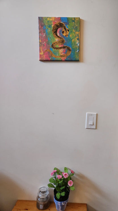 The Wood Snake - 12 x 12" Original | Rainbow Metallic Snake Art
