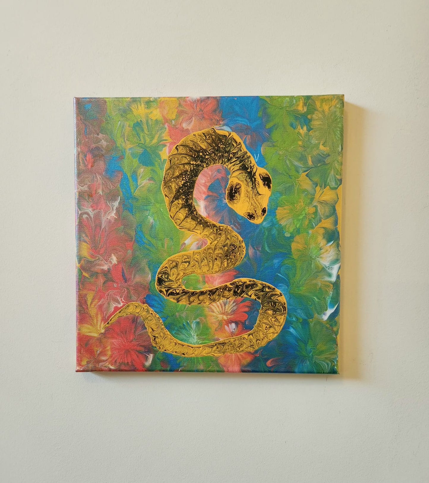 The Wood Snake - 12 x 12" Original | Rainbow Metallic Snake Art