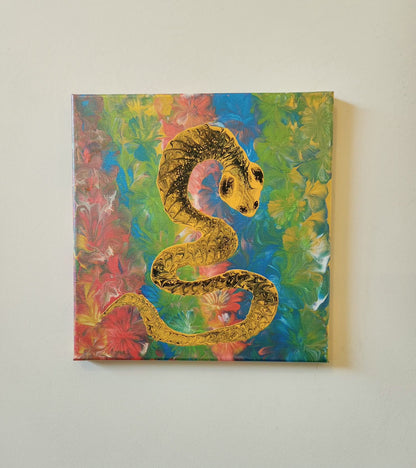 The Wood Snake - 12 x 12" Original | Rainbow Metallic Snake Art