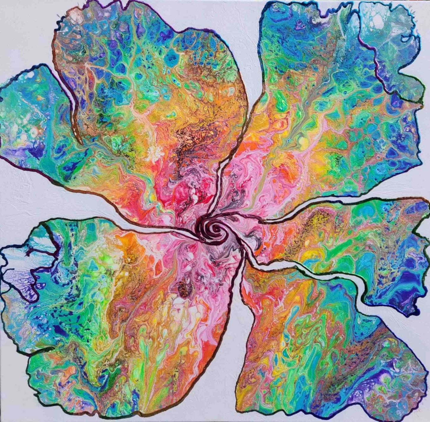 Don't Rain on my Parade – 24x24" Original | Rainbow Flower with Metallic Gold Leaf