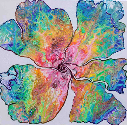 Don't Rain on my Parade – 24x24" Original | Rainbow Flower with Metallic Gold Leaf