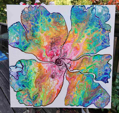 Don't Rain on my Parade – 24x24" Original | Rainbow Flower with Metallic Gold Leaf