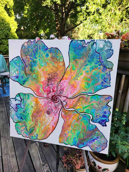 Don't Rain on my Parade – 24x24" Original | Rainbow Flower with Metallic Gold Leaf