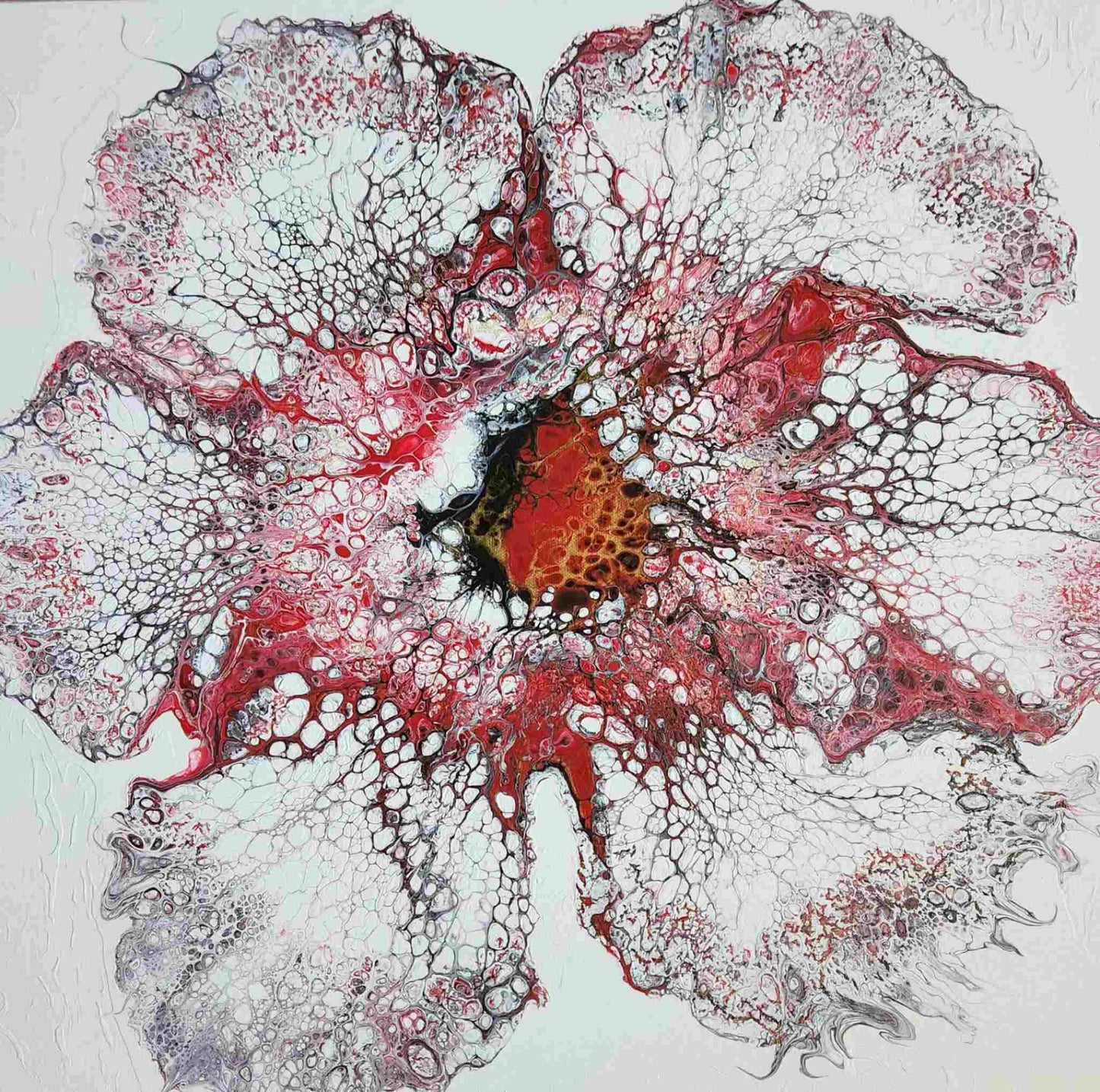 Rebellious Fire Blossom – 20x20" Original | Red and White Flower