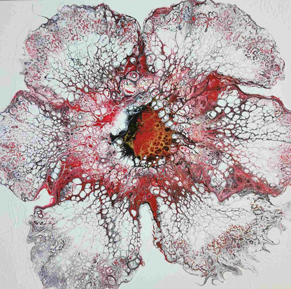 Rebellious Fire Blossom – 20x20" Original | Red and White Flower