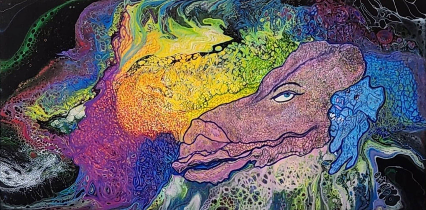Under Mama's Watchful Eye - 15 x 30" Original | Rainbow Dragon Mother & Baby Fluid Art